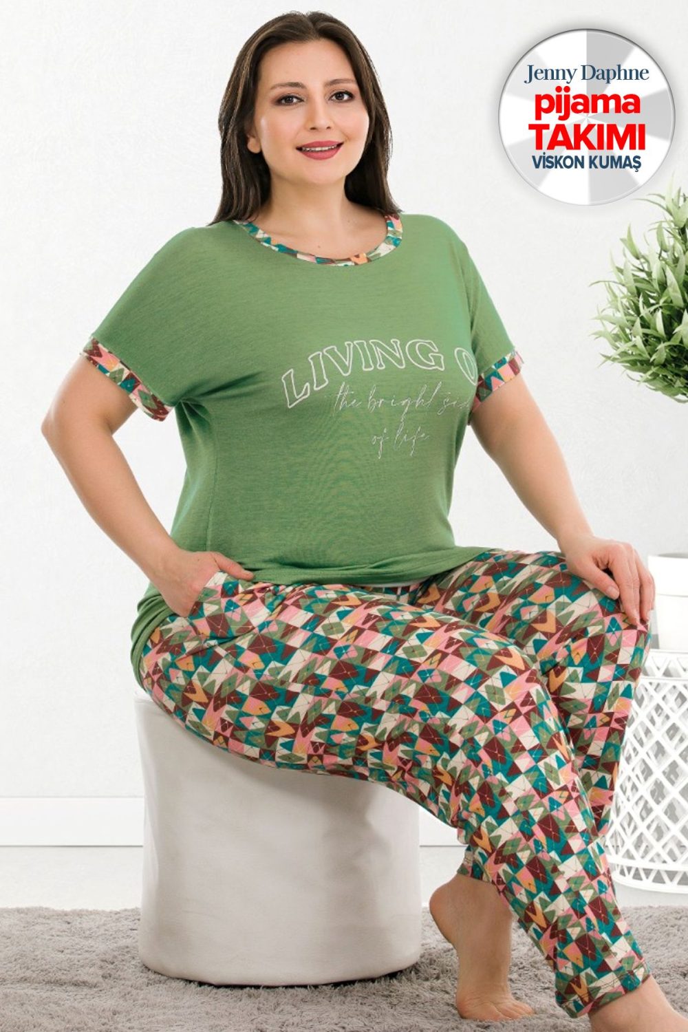 Büyük Beden Viskon Kumaş Kısa Kollu Pijama Takımı Lady-10935 - Görsel 2