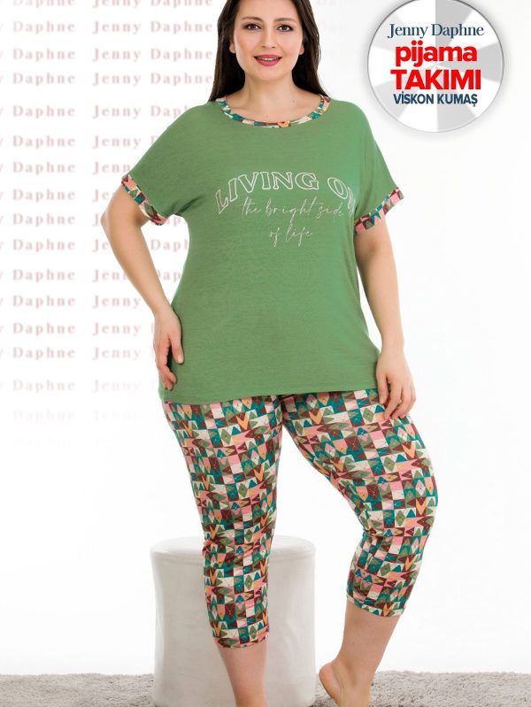 Büyük Beden Desenli Kısa Kol Viskon Kumaş Kapri Pijama Takımı Lady-10678 - 3XL