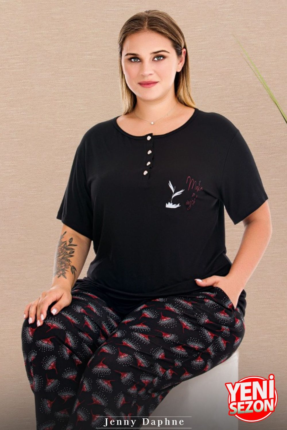 Lady Büyük Beden Çiçek Desenli Pijama Düğmeli Üst Kısa Kollu Pijama Takımı 11016 - Görsel 2