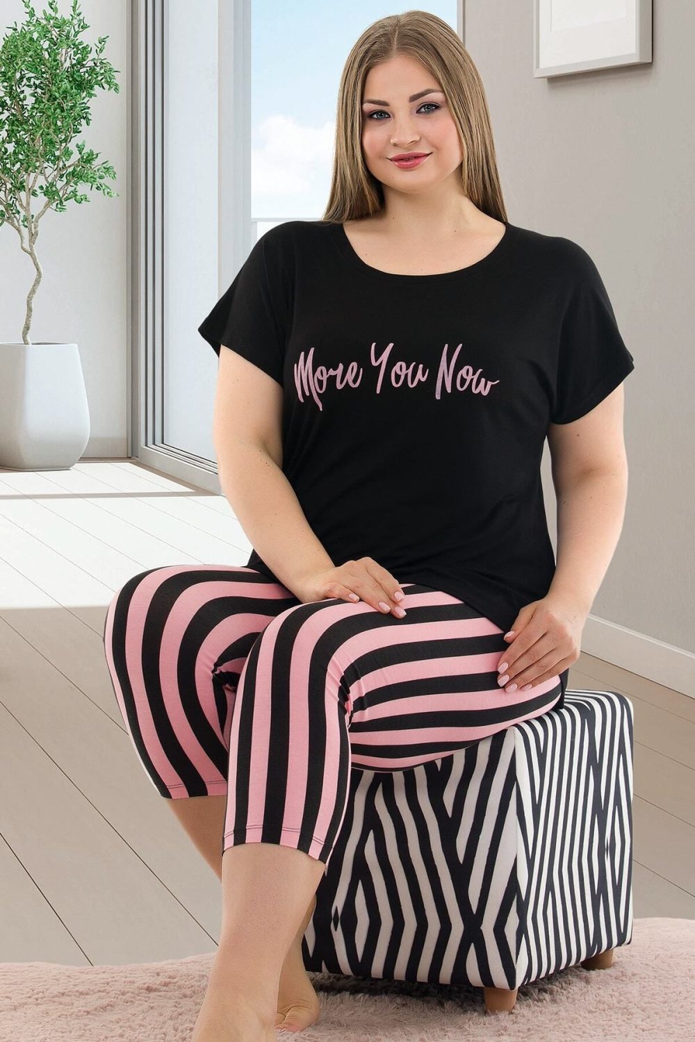 Lady Büyük Beden Kısa Kollu Kapri Pijama Takımı 10587 - Görsel 3