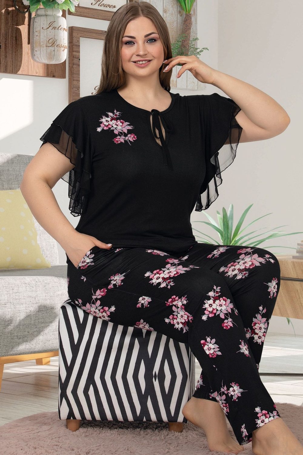 Lady Büyük Beden Kısa Kollu Uzun Pijama Takımı 10852