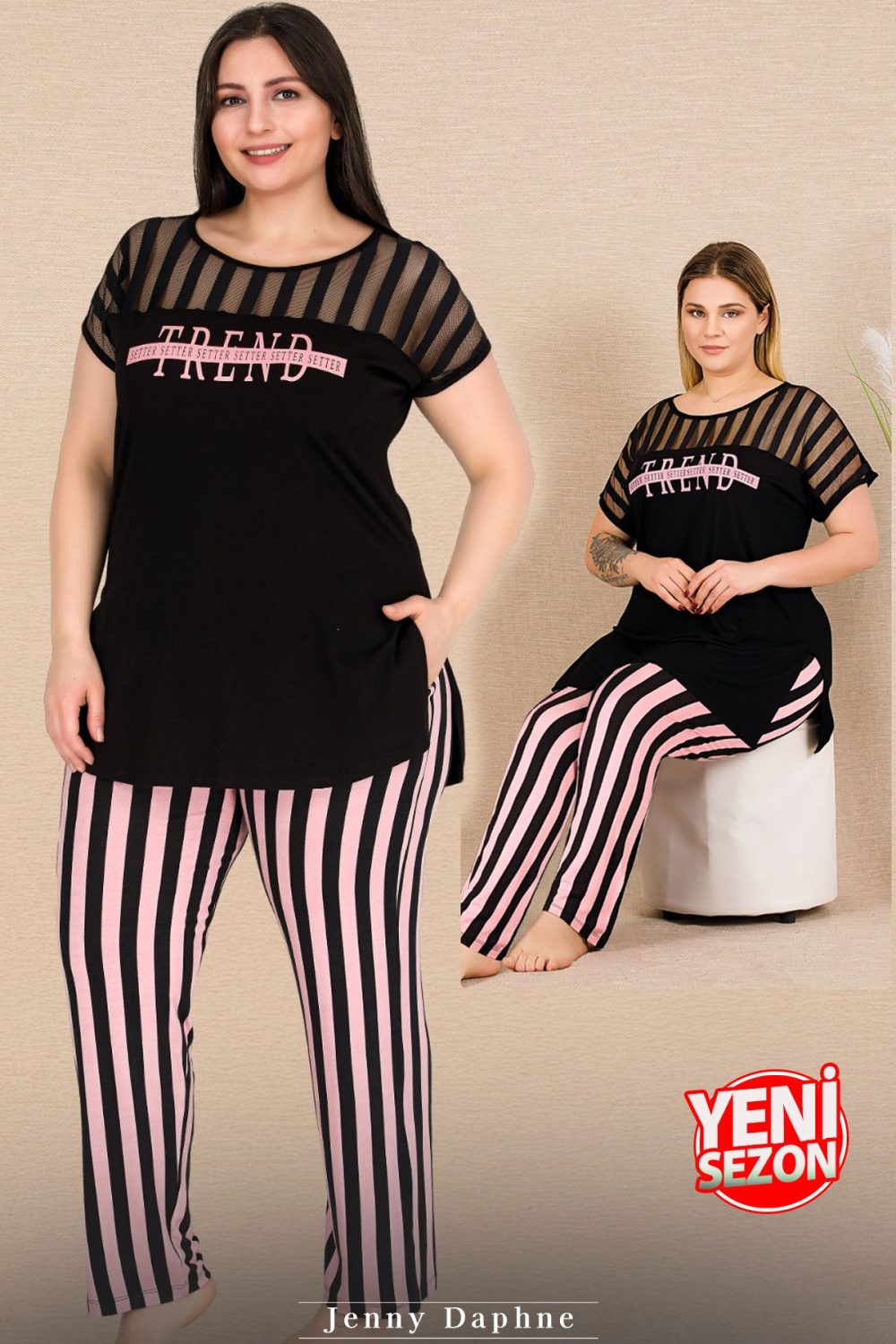 Lady Büyük Beden Çizgili Kısa Kollu Uzun Pijama Takımı 10772