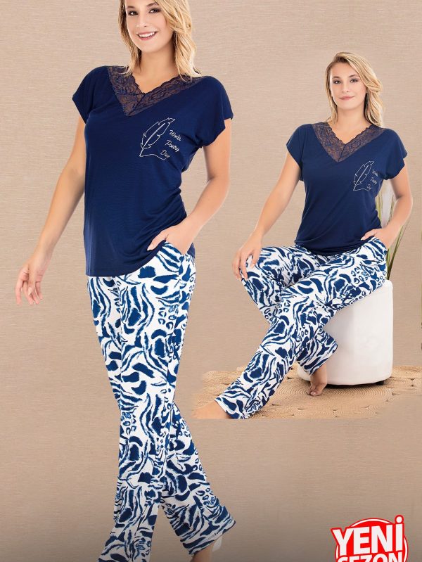 Lady Yaprak Desenli Pijama Lacivert Dantelli V Yaka Kısa Kollu Pijama Takımı 12672 - XL