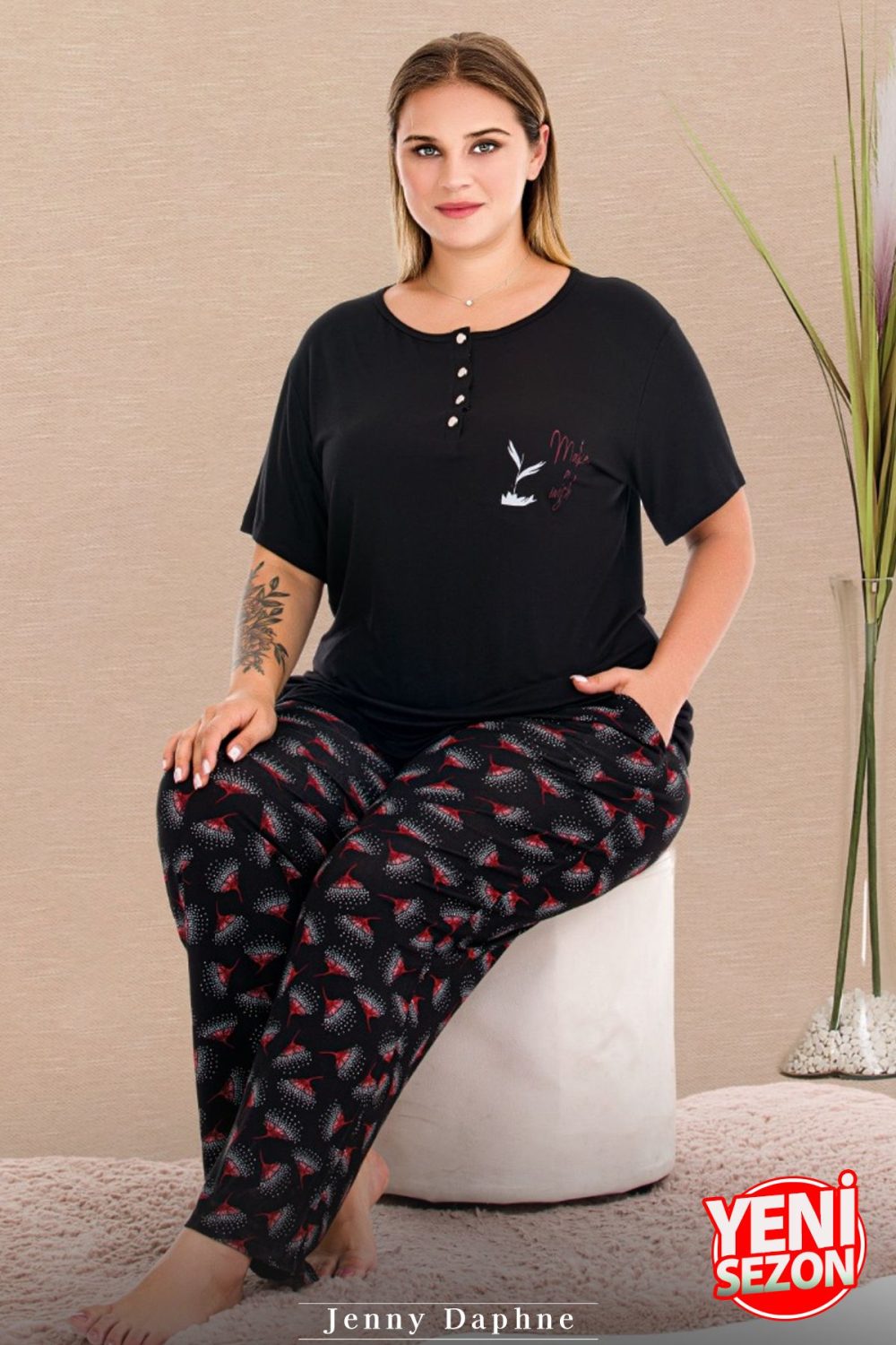 Lady Büyük Beden Çiçek Desenli Pijama Düğmeli Üst Kısa Kollu Pijama Takımı 11016 - Görsel 3