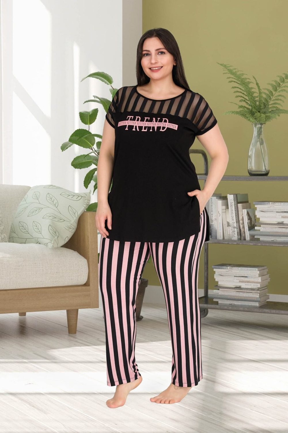 Lady Büyük Beden Çizgili Kısa Kollu Uzun Pijama Takımı 10772 - Görsel 2