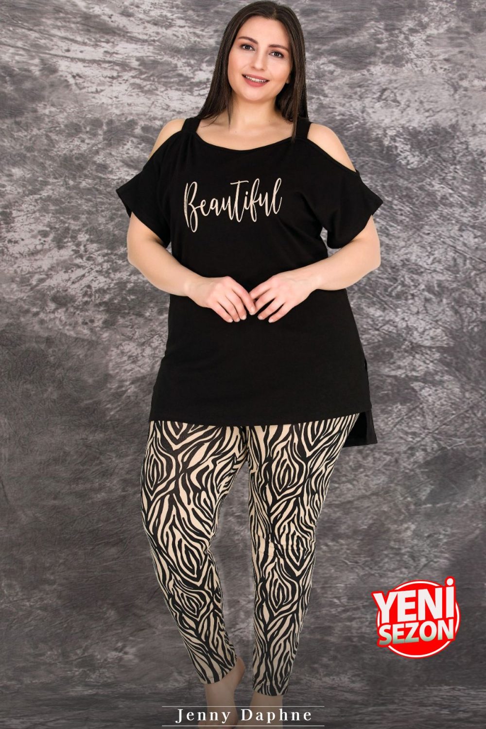 Lady Büyük Beden Çizgili Kısa Kollu Uzun Pijama Takımı 10758