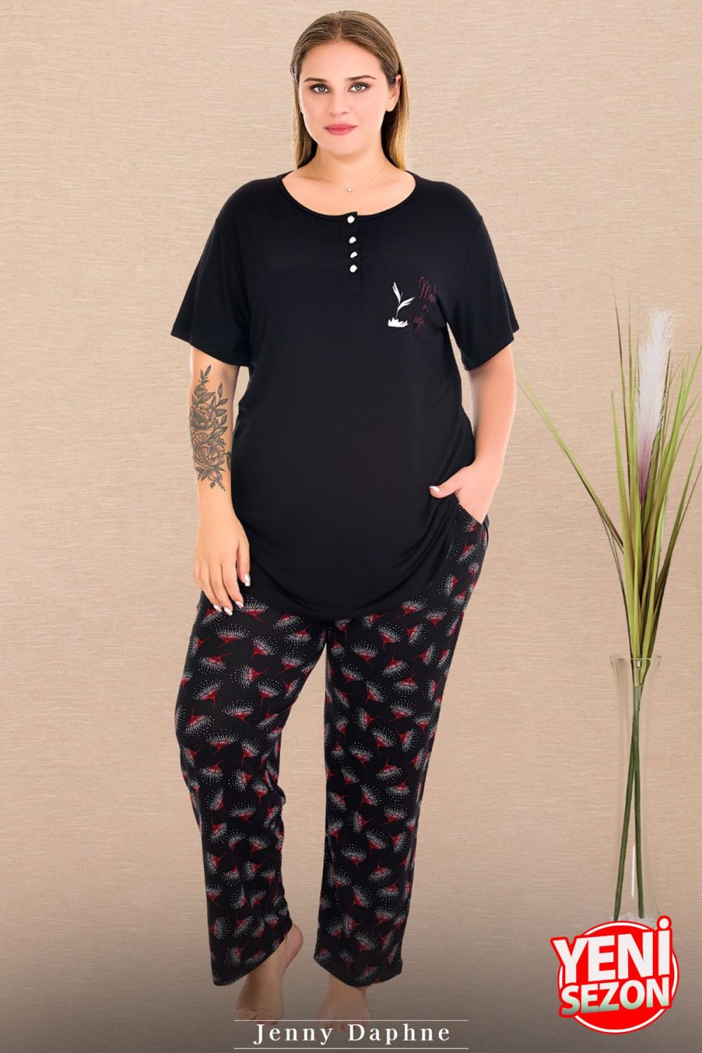 Lady Büyük Beden Çiçek Desenli Pijama Düğmeli Üst Kısa Kollu Pijama Takımı 11016 - Görsel 4
