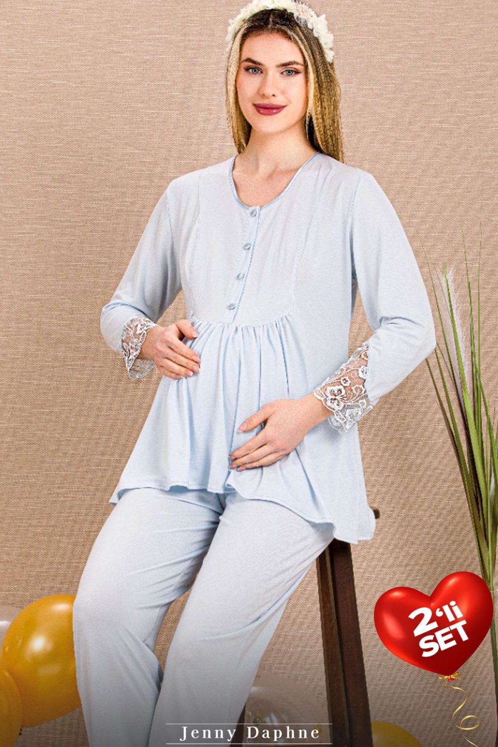 Viskon Kumaş 2li Dantelli Hamile Pijama Takımı 33204 - Görsel 2