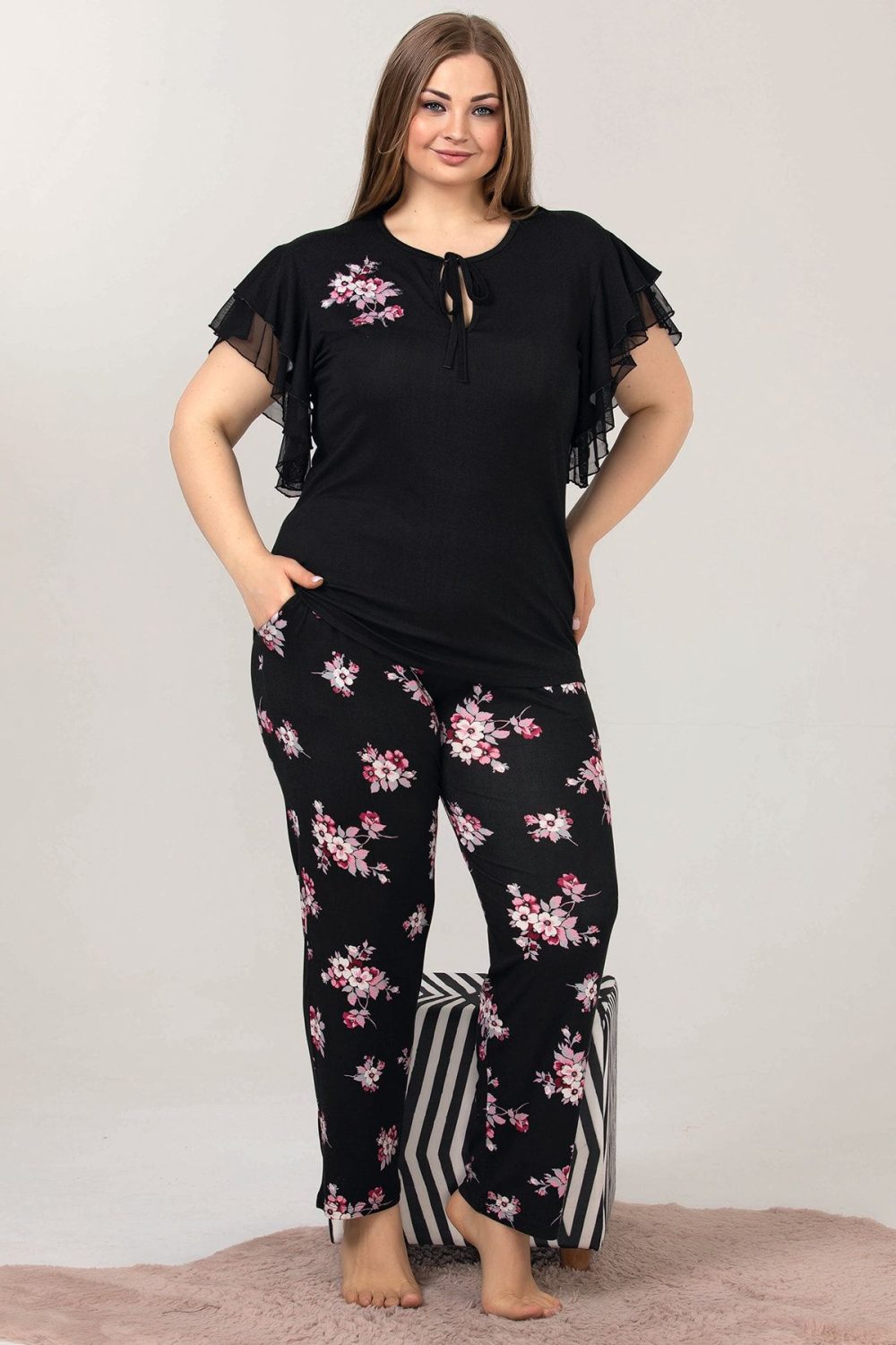 Lady Büyük Beden Kısa Kollu Uzun Pijama Takımı 10852 - Görsel 2